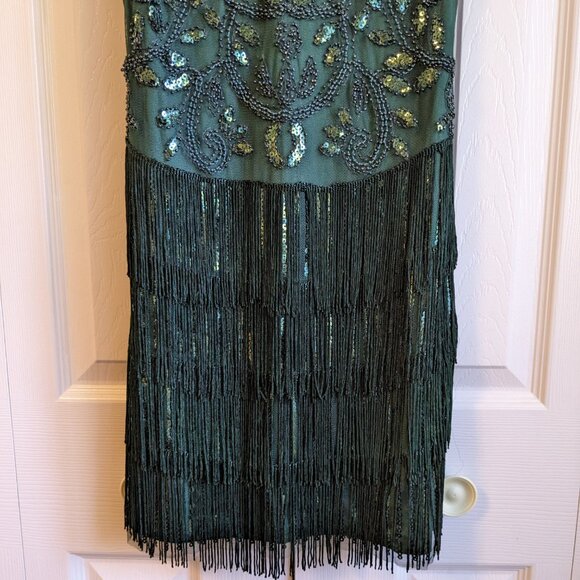 NWT 12th TRIBE Embroidered Mini Dress Small Green Sequins Fringe Flapper Tank - Picture 6 of 14